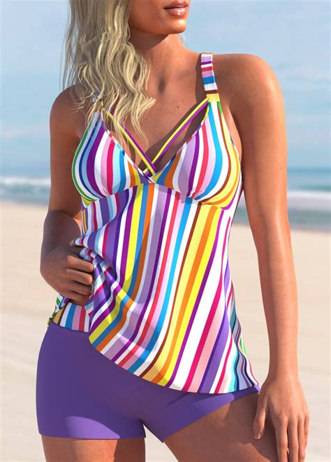 Rotita Cross Strap Striped Purple Tankini Set Tankini Set Purple