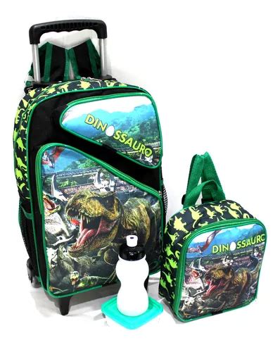 Mochila Escolar Dinosaur Rex Rodinhas Talla G Lonchera Verde