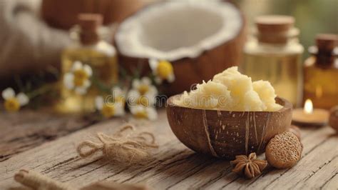 Shea Butter Coconut Oil Beeswax Essential Oils Natural Cosmetic Ingredients Still Life