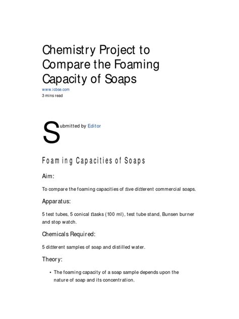 Chemistry Project To Compare The Foaming Capacity Of Soaps Pdf Foam Water