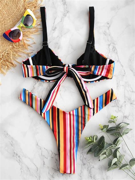 ZAFUL Colorful Striped Underwire High Leg Bikini Set MULTI MULTI B