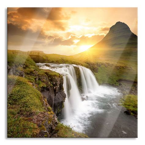 Union Rustic Glasbild Wasserfall Bei Sonnenuntergang Wayfair De