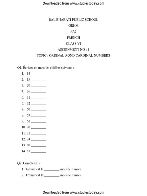 Cbse Class 6 French Worksheets 1 Pdf