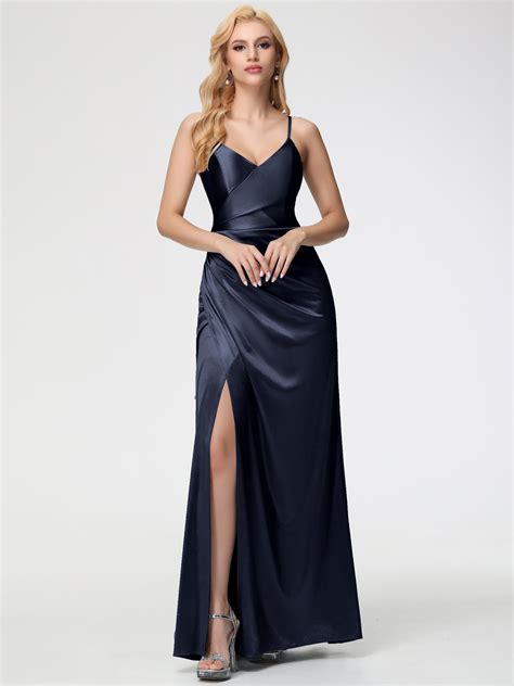 Navy Blue Satin Bridesmaid Dress V-Neck Spaghetti Straps Pleats Split