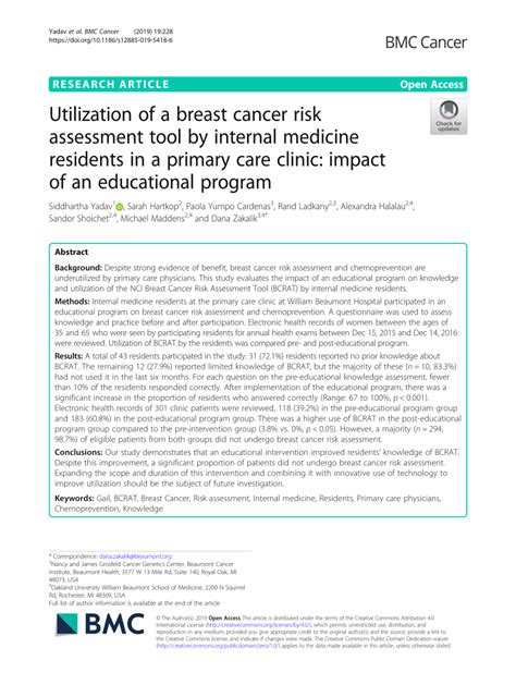 Pdf Utilization Of A Breast Cancer Risk Assessment Tool By Internal