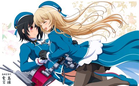 2girls Aliasing Anthropomorphism Atago Kancolle Black Hair Blonde