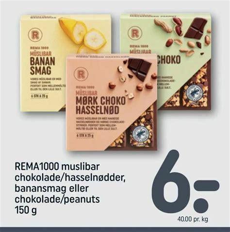 REMA1000 muslibar chokolade hasselnødder banansmag eller chokolade