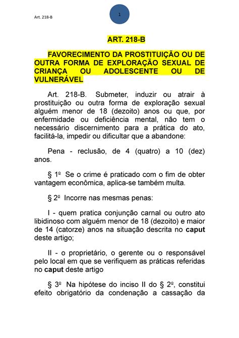 Art 218 B Resumo Direito Penal I Art 218 B Favorecimento Da ProstituiÇÃo Ou De Outra Forma