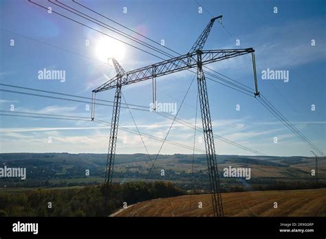 High Voltage Tower With Electric Power Lines Transfening Electrical