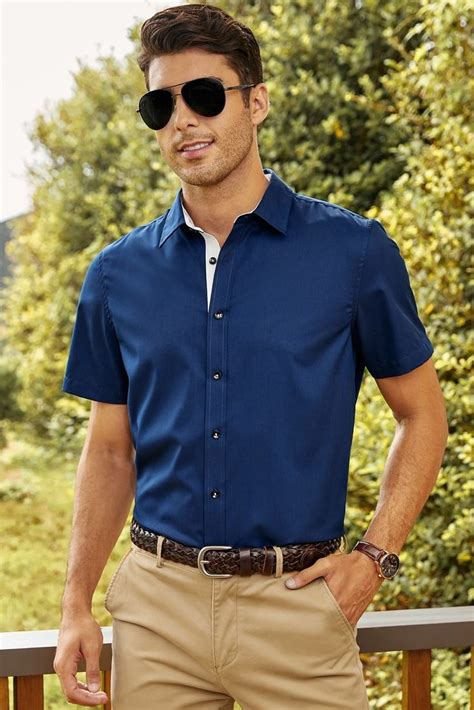 Mens Button Down Solid Shirts With Pocket Turn Down Collar Short