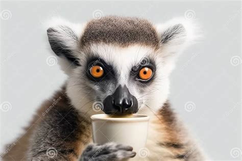 Portrait Of A Funny Lemur Drinking Coffee From A Paper Cup And Looking At The Camera Portrait