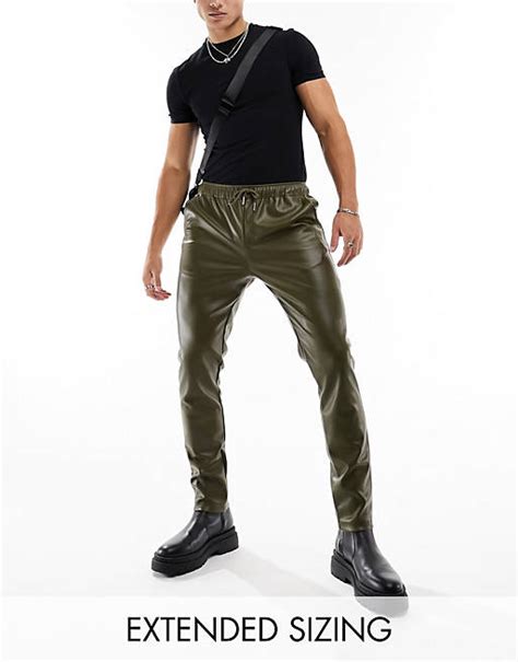 Asos Design Skinny Leather Look Trackies In Khaki Asos