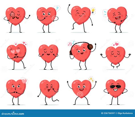 Cartoon Heart Character Cute Love Symbols With Faces Different Poses