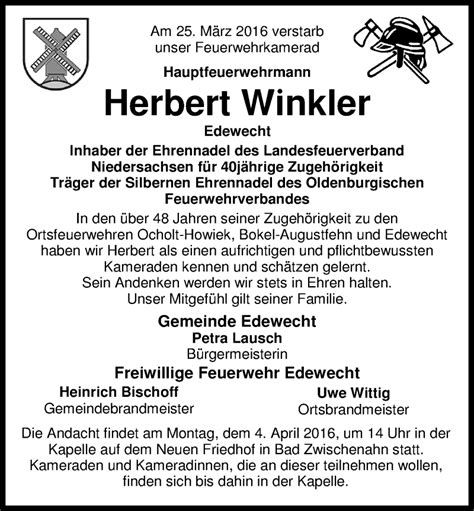 Traueranzeigen Von Herbert Winkler Nordwest Trauer De