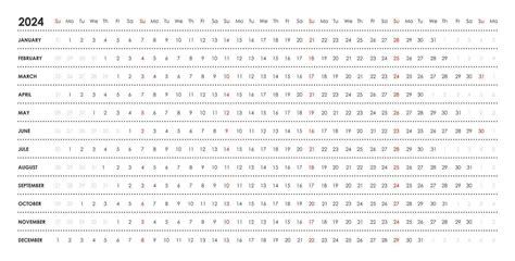 Lineal Calendario Para 2024 Horizontal Semana Empieza En Domingo