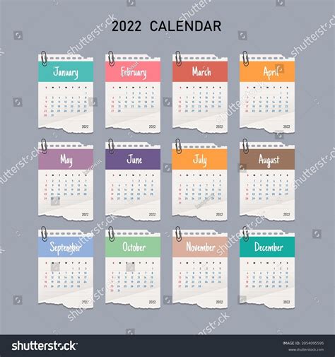 2022 Calendar Template Paper Note Style 库存矢量图（免版税）2054095595 Shutterstock