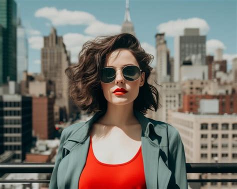 Premium AI Image | a woman wearing sunglasses and a red top in front of a city skyline