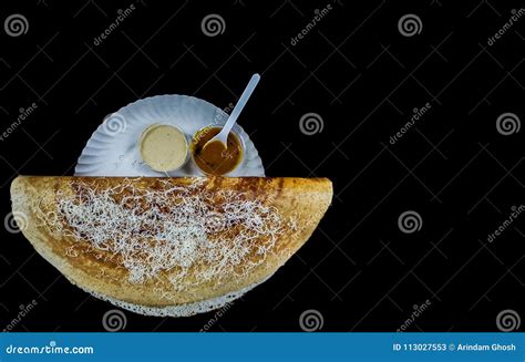 Onion Cheese Plain Dosa With Sambar And Chutney On Black Background Stock Image - Image of mosla ...