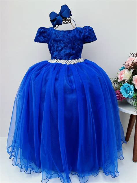 Vestido Infantil Azul Royal Renda Damas De Honra Casamento Rosa