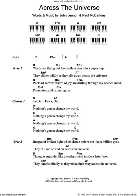 Beatles Across The Universe Sheet Music For Piano Solo Chords Lyrics Melody V2