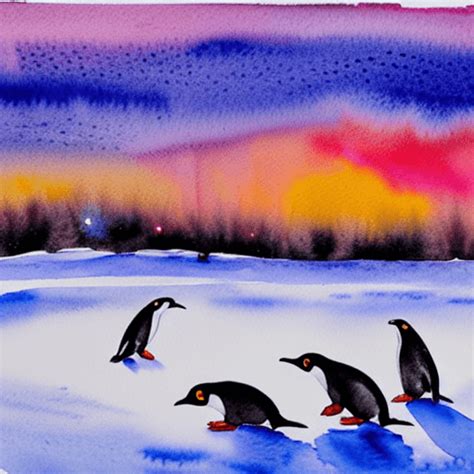 Watercolor Painting Of Penguins On Ice With Snowfall And Sunset