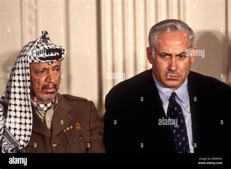 Washington Dc Usa 2nd Oct 1996 Plo Leader Yasser Arafat Sits With Israeli Prime Minister