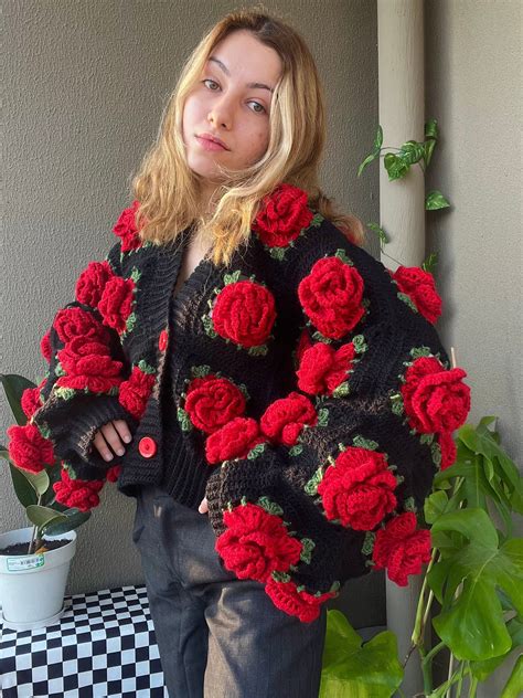 Crochet Jumbo Rose Cardigan Black Granny Square Cardigan Crochet Rose