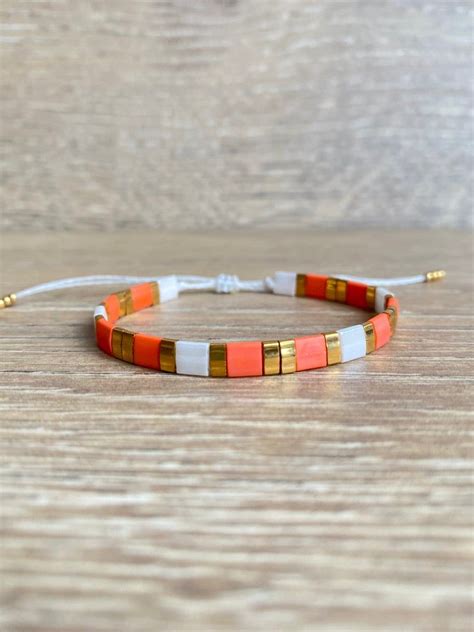 Miyuki Tila Beads Bracelet In Coral Aqua And Gold Adjustable Beaded