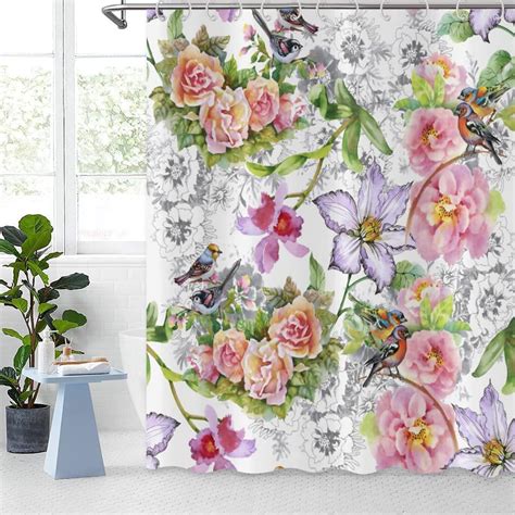 Floral Spring Shower Curtain Colorful Watercolor Flower Hummingbird