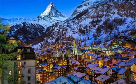 Village under snow covered mountain, nature, landscape, evening, lights ...