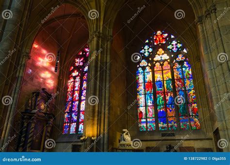 Stained Glass Windows Of St Vitus Cathedral In Prague Castle Prague Czech Republic Stock