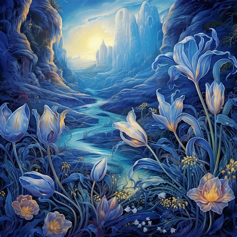 Premium AI Image | A painting of a river with flowers and a mountain in ...