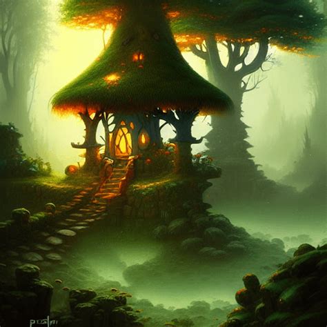 Pittura Digitale Forest Cottage Tower Elven Village Ben Resa Di Jason