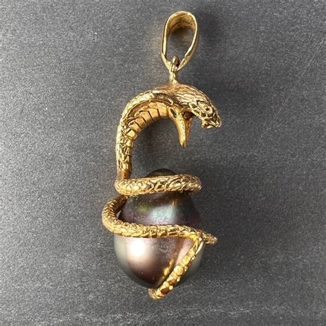 King Cobra Serpent Snake 18K Yellow Gold Tahitian Bla… - Gem