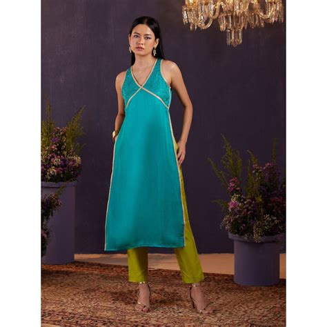 Gajra Gang By Nykaa Fashion Marigold Teal High Slit Sequence