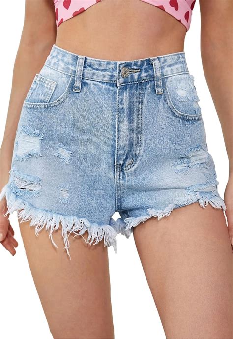 Metietila Women S High Waisted Stretchy Denim Shorts Ripped Raw Hem