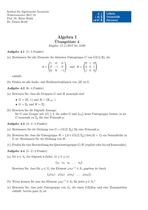 Algebra Blatt 4 Institut für Algebraische Geometrie Wintersemester