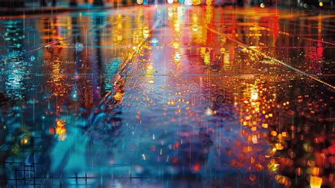 City Street With Vibrant Lights Neon Reflections In Puddles