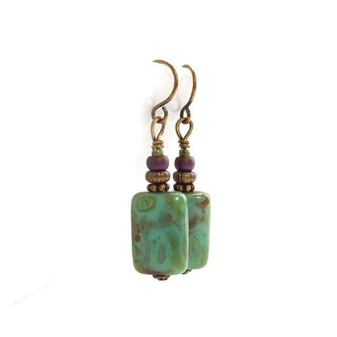 Turquoise Earrings Picasso Glass Rectangle Beads Boho Drop Earrings