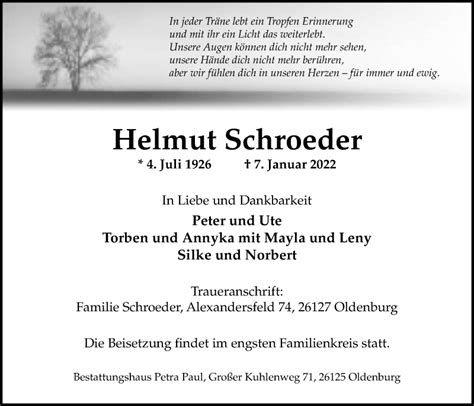 Traueranzeigen Von Helmut Schroeder Nordwest Trauer De