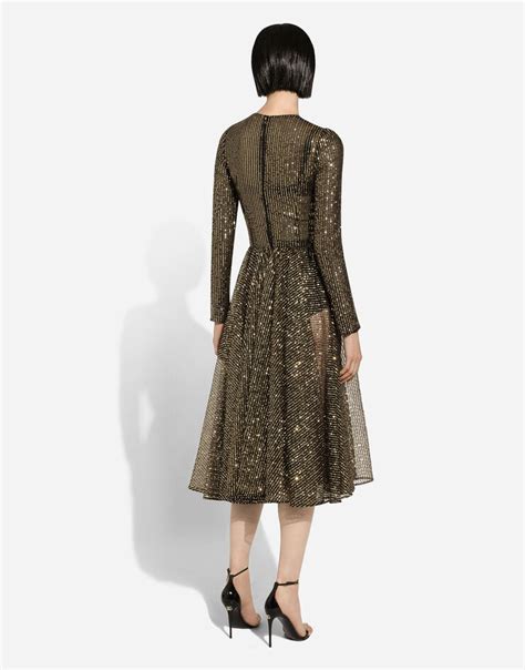 Abito Maniche Lunghe Midi In Paillettes In Oro Da Donna Dolceandgabbana®