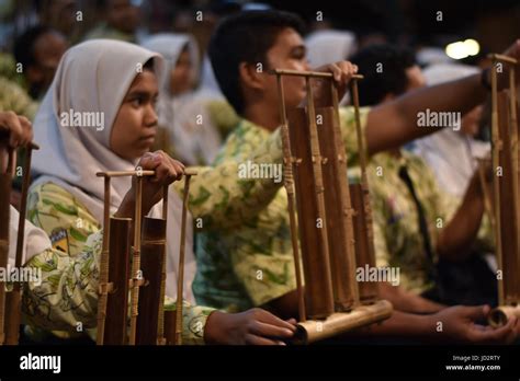 Students Play Angklung Indonesian Traditional Music Instrument Stock