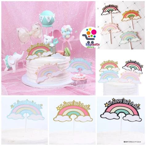 Jual Cake Topper Happy Birthday Awan Pelangi Tusukan Kue Hbd Karton