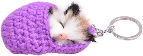 Qtkj Cute Sleeping Cat Pompom Keychains For Women Girls Faux Rabbit Fur