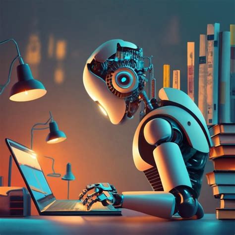 Premium Photo Humanoid Robot Working With Laptop Conceptual Illustration