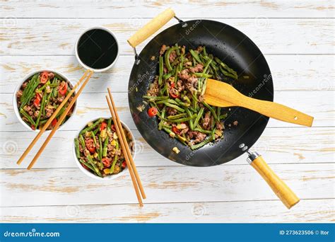 Szechuan Stir Fried Green Beans In A Wok With Pork Garlic Hot Pepper