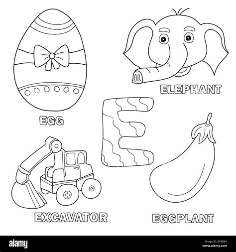 Kids Alphabet Coloring Book Page With Outlined Clip Arts Letter E