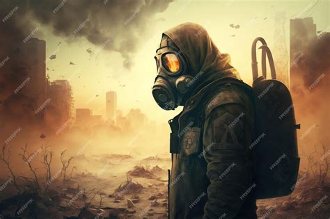 Premium AI Image | Illustration of Man Wearing Gas Mask in Apocalyptic ...