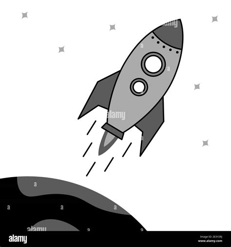 The Rocket Flies Up And Enters The Earth S Orbit Design Rocket Space Ship In Black And White