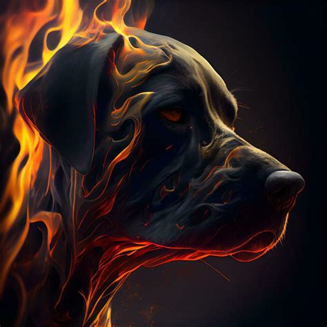 Digital Ilustración De Un Perro En Fuego Con Llamas En Un Negro Fondo